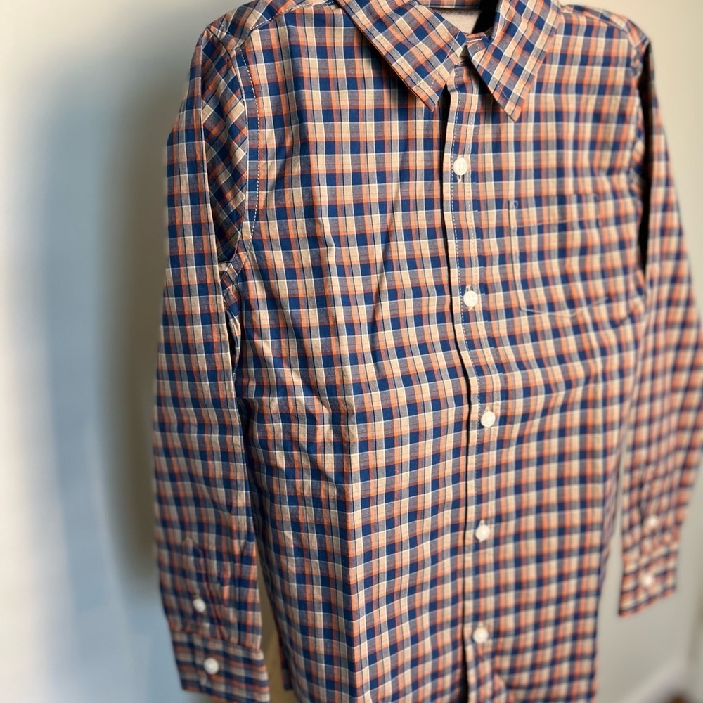 Janie and Jack blue, tan and orange boys plaid button down size 6 brand new - Picture 2 of 5